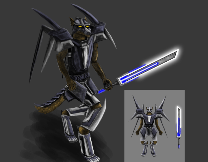 Anthropomorphic wolf in futuristic armor wielding a glowing blue energy sword.