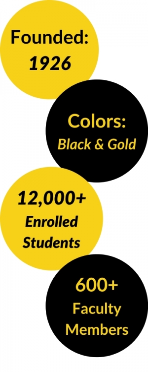 Founded: 1926
Colors: Black & Gold
12,000+ enrolled students
600+ Faculty members