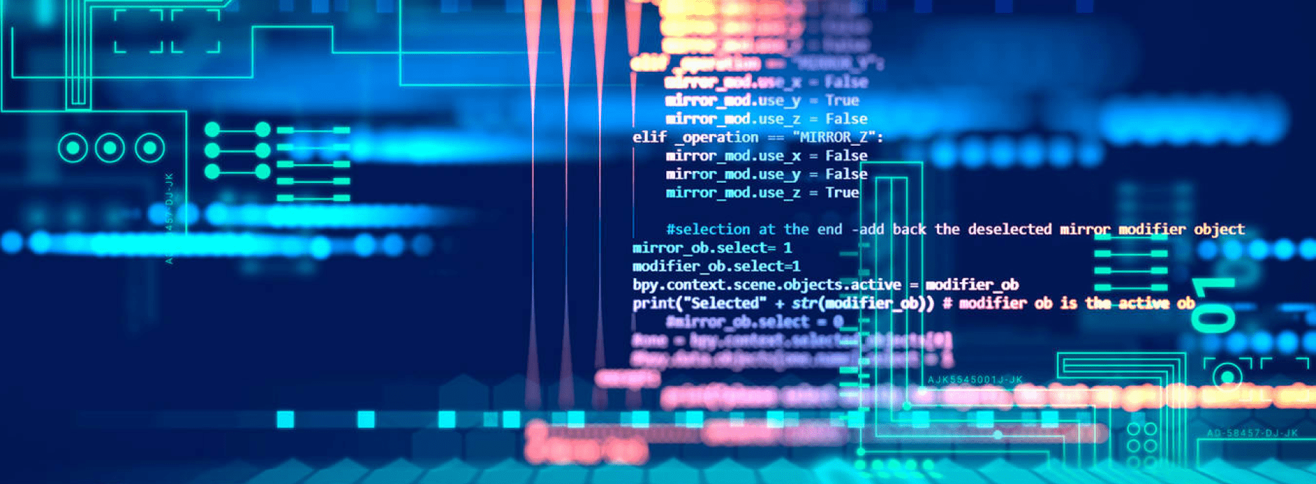 Computer code overlaid on an abstract, circuit-themed background with blue and teal hues.