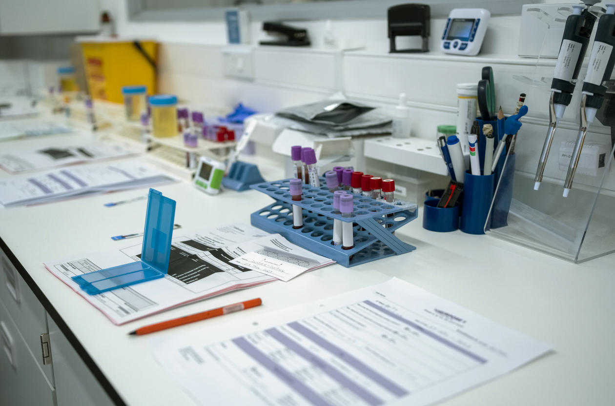 Test sample slides and test results on table in pathology laboratory
