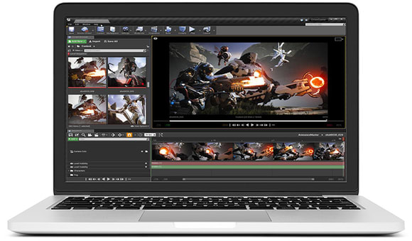 A laptop displaying video editing software with a scene from a video game on the screen.