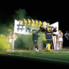 Harry the Hawk breaking through banner