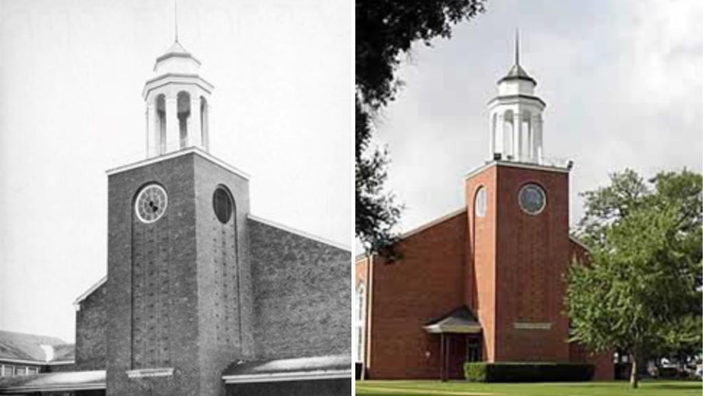 Historic and modern photos of Ramey Tower at TJC, showing its architectural evolution over time.