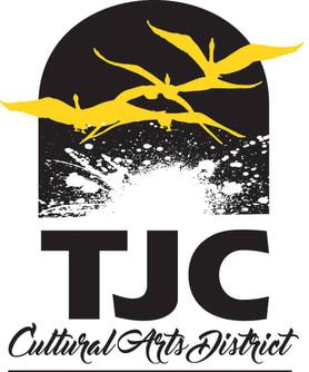 TJC Cultural Arts District logo featuring flying birds and a paint splatter design.