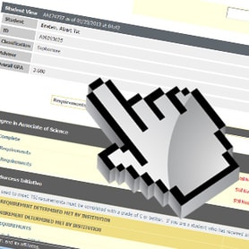 A digital interface with a 3D hand cursor overlaid on text boxes like a student record.