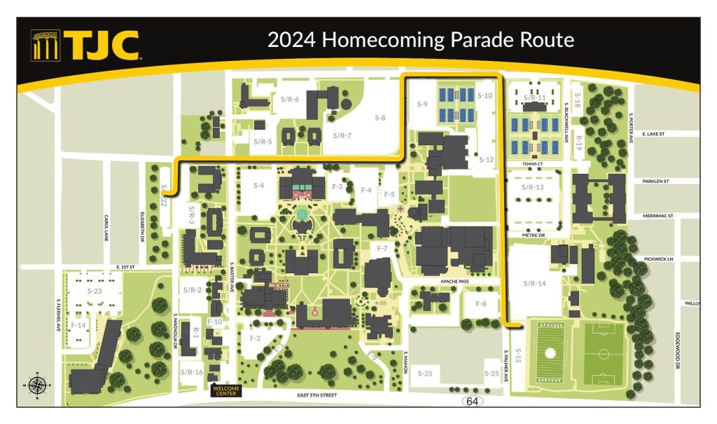 Map showing the 2024 TJC Homecoming Parade Route through the central and eastern campus, including nearby streets, parking, and facility landmarks