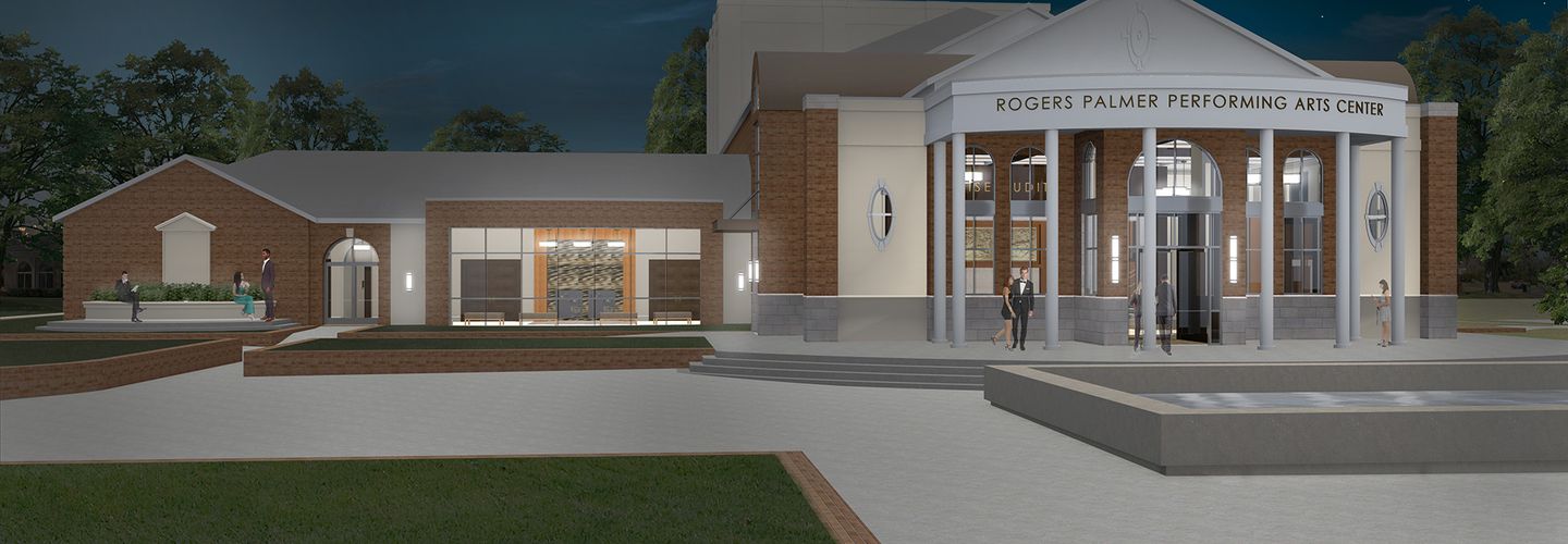 Architectural rendering of the Rogers Palmer Performing Arts Center at night, with people gathered outside under a starry sky. ￼