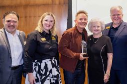 From left, Dr. Juan E. Mejia, TJC president and CEO; Miranda Sewell, TJC director of alumni relations; Chris Tomlin; Dr. Cheryl Rogers, former TJC music professor and administrator; and Mitch Andrews, TJC vice president for institutional advancement.