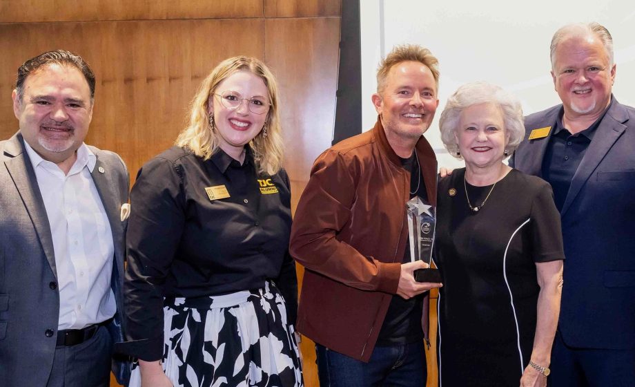 From left, Dr. Juan E. Mejia, TJC president and CEO; Miranda Sewell, TJC director of alumni relations; Chris Tomlin; Dr. Cheryl Rogers, former TJC music professor and administrator; and Mitch Andrews, TJC vice president for institutional advancement.