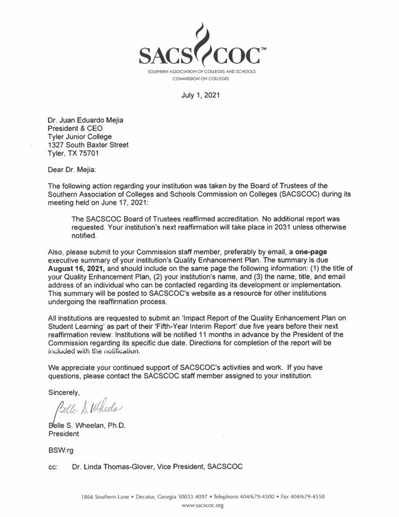 2021 SACSCOC Reaffirmation Letter